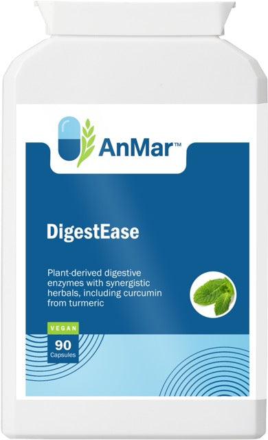 Front label of AnMar™ DigestEase supplement showing 90 vegan capsules, designed with plant-derived enzymes and herbal extracts for digestive support.