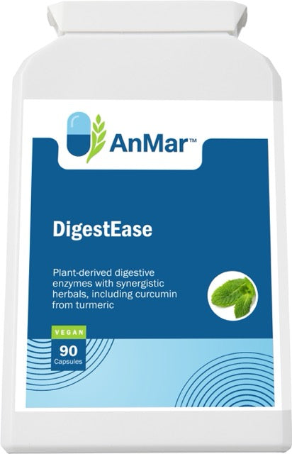 Flat front-facing image of AnMar™ DigestEase supplement showing label with 90 vegan capsules, featuring plant enzymes and turmeric-based herbal support for digestion.