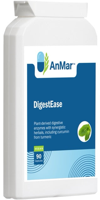 Angled front view of AnMar™ DigestEase bottle showing vegan 90 capsule pack with plant-derived enzymes, turmeric, and synergistic herbal blend for digestive support.