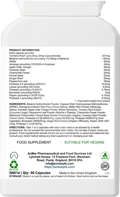 Back view of AnMar™ DigestEase showing full supplement facts, enzyme blend, herbal ingredients like turmeric and peppermint leaf, usage directions, vegan certification, and manufacturer information.