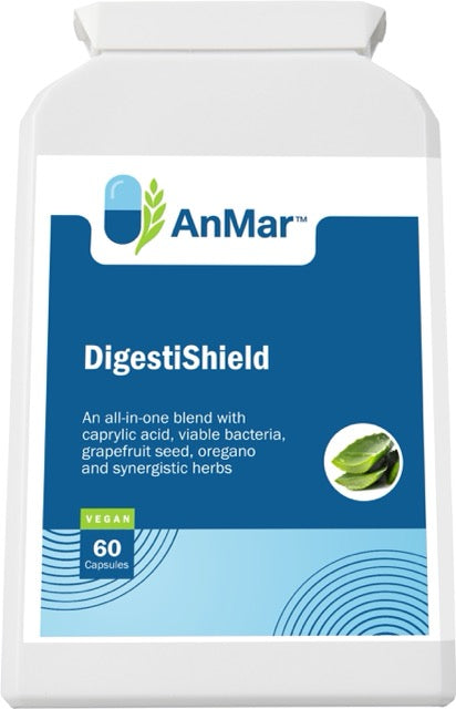Front of AnMar™ DigestiShield supplement bottle with 60 vegan capsules, supporting digestion with caprylic acid, grapefruit seed, oregano, and live cultures.