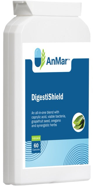 Angled front view of AnMar™ DigestiShield bottle showing blue and white label, highlighting key ingredients like caprylic acid, probiotics, grapefruit seed, and oregano for digestive health.