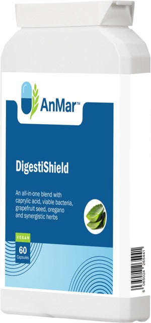 Side-angled view of AnMar™ DigestiShield supplement bottle with blue label, featuring key ingredients like caprylic acid, probiotics, oregano, and grapefruit seed for digestive health.