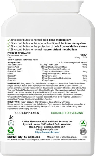 Back label of AnMar™ DigestiShield supplement showing nutritional information, ingredients list, usage directions, and manufacturer details.