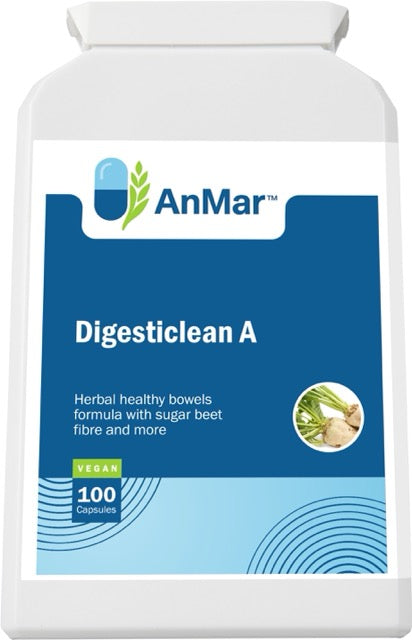 Flat front-facing label of AnMar™ Digesticlean A, a vegan supplement for bowel health with sugar beet fibre and synergistic herbs.