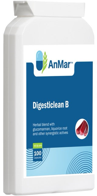 Angled view of AnMar™ Digesticlean B supplement bottle with vegan label – herbal blend with glucomannan and liquorice root.