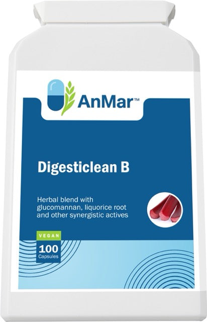 Flat front label of AnMar™ Digesticlean B bottle showing glucomannan and liquorice root formula – 100 vegan capsules.