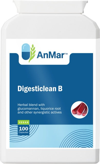Front view of AnMar™ Digesticlean B bottle featuring herbal blend with glucomannan and liquorice root – 100 vegan capsules.