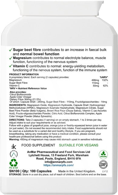 Back label of AnMar™ Digesticlean Pro Mg showing supplement facts, ingredients, directions for use, and health claims. Vegan digestive formula with magnesium, beet fibre, and vitamin C.