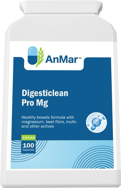 Angled front view of AnMar™ Digesticlean Pro Mg bottle, a vegan digestive support formula with magnesium, beet fibre, and inulin. Contains 100 capsules.