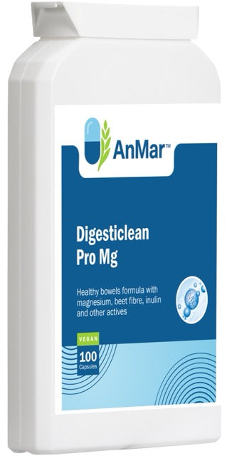 Angled front-left view of AnMar™ Digesticlean Pro Mg bottle. Vegan digestive health supplement with magnesium, beet fibre, and inulin. 100 capsules in white plastic container.