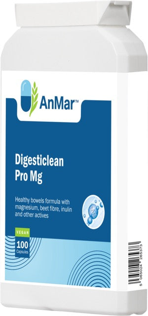 Angled front-right view of AnMar™ Digesticlean Pro Mg supplement bottle. Vegan-friendly bowel health formula with magnesium, beet fibre, and inulin in a 100 capsule white container.