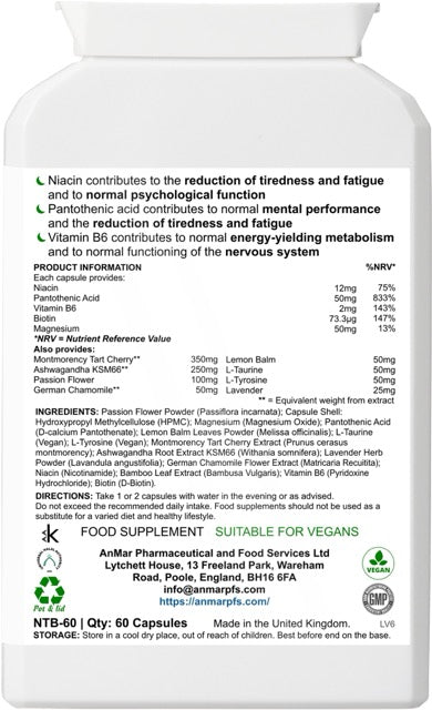 Back label of AnMar™ DreamEase supplement showing nutritional information, active ingredients including magnesium, cherry extract, ashwagandha, L-tryptophan, and B vitamins, plus vegan certification and usage guidance.