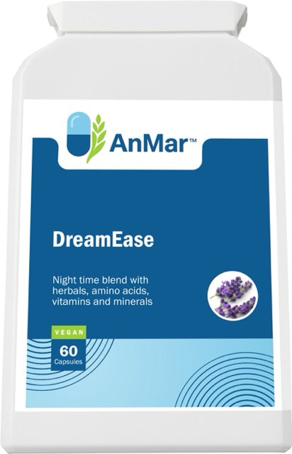 Front angled label of AnMar™ DreamEase supplement bottle, showing a vegan sleep formula with herbs, amino acids, vitamins, and minerals in a 60-capsule pack. Lavender illustration included.