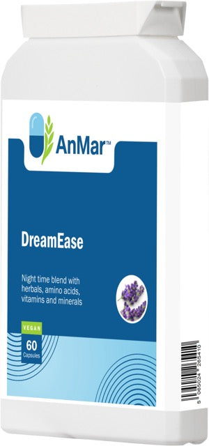 Right-angled view of AnMar™ DreamEase bottle showing 60 vegan capsules for sleep support, featuring a calming lavender design and a blend of herbs, amino acids, and essential nutrients.