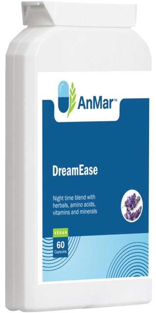 Angled front view of AnMar™ DreamEase bottle showing 60 vegan capsules with a natural blend of herbs, amino acids, vitamins, and minerals designed for nighttime relaxation and restful sleep.