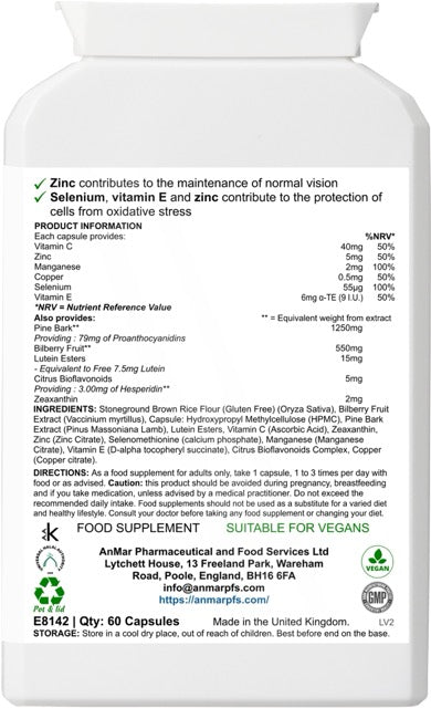 Back label of AnMar™ EyeFocus+ supplement bottle showing full ingredient list, directions, and approved health claims for vision and antioxidant support.