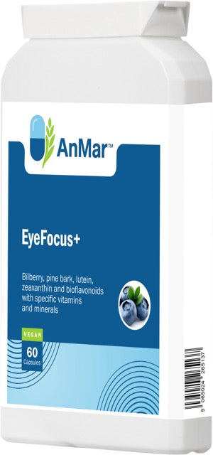 Right-angled front view of AnMar™ EyeFocus+ supplement bottle featuring vision support formula with bilberry, pine bark, and lutein.