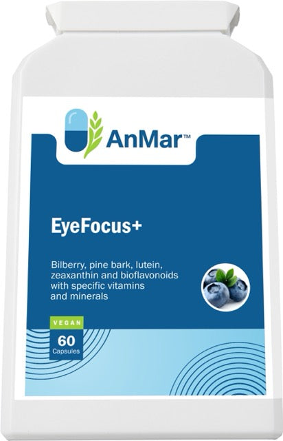 Flat front label of AnMar™ EyeFocus+ bottle highlighting bilberry, pine bark, lutein, and zeaxanthin for eye health support.
