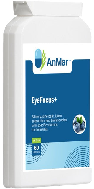Angled left front view of AnMar™ EyeFocus+ supplement bottle showing product name, vegan label, and bilberry illustration.