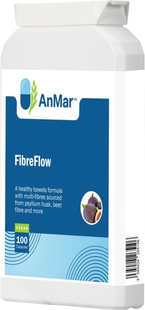 Angled view of AnMar™ FibreFlow supplement bottle showing front label with fig and beet image, vegan icon, and product details – 100 capsule count.