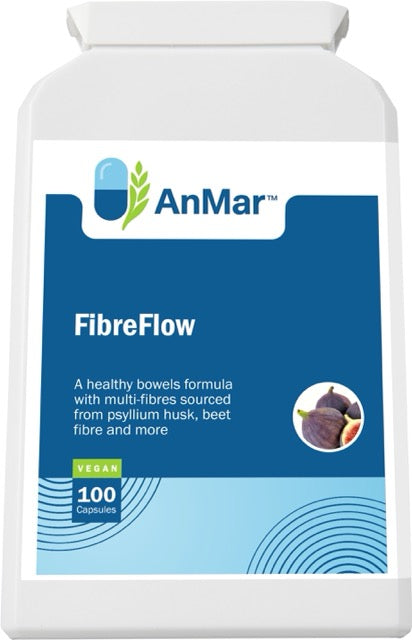 Flat front image of AnMar™ FibreFlow supplement bottle featuring vegan bowel health formula with fig and beetroot, labelled 100 capsules.