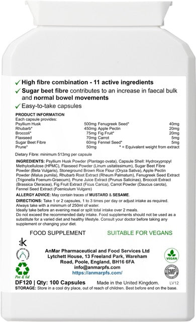 Back label of AnMar™ FibreFlow supplement showing fibre content, ingredients, usage directions, and suitability for vegans – 100 capsule pack.