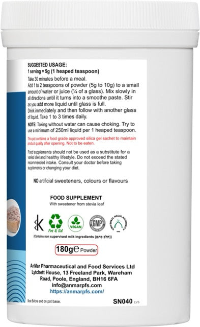 Flat back label of AnMar™ FibreFuel showing usage instructions, dosage guidance, caution about choking risk, and supplement facts for the 180g mild mint flavour fibre powder.