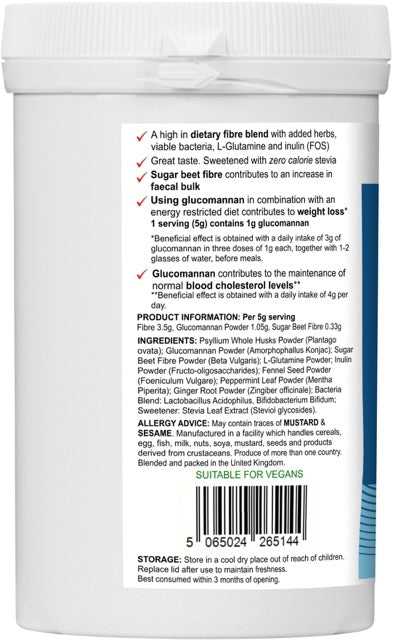 Label displaying supplement facts for AnMar™ FibreFuel, highlighting glucomannan, psyllium husk, FOS, and sugar beet fibre. Includes dosage, ingredient list, and authorised health claims for digestive and cholesterol support.