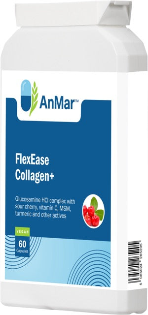 Angled front-right view of AnMar™ FlexEase Collagen+ bottle, a vegan supplement for joints containing glucosamine, vitamin C, MSM, turmeric, and sour cherry.