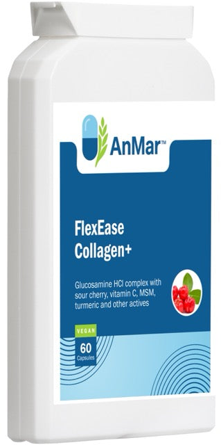 Angled side view of AnMar™ FlexEase Collagen+ bottle highlighting product label with glucosamine, vitamin C, MSM, and turmeric blend for joint support.