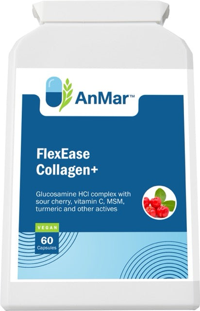 Front label view of AnMar™ FlexEase Collagen+ bottle showing supplement for joint health with glucosamine, sour cherry, vitamin C, MSM, and turmeric.