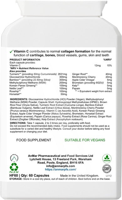 Back label of AnMar™ FlexEase Collagen+ showing ingredients list, nutritional values, usage directions, and collagen formation health claims.