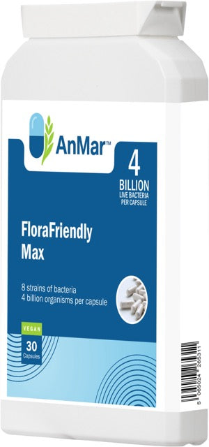 Angled right-side view of AnMar™ FloraFriendly Max probiotic supplement bottle showing 4 billion CFU per capsule with 8 strains, 30 vegan capsules.