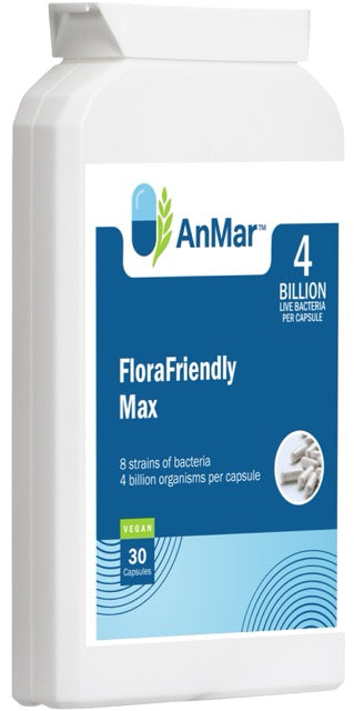 Angled front view of AnMar™ FloraFriendly Max supplement bottle featuring 4 billion live bacteria per capsule, with 8 probiotic strains and vegan label. 30 capsule pack.