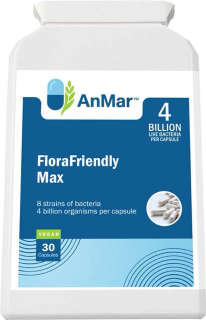 Flat front image of AnMar™ FloraFriendly Max bottle featuring 4 billion live bacteria per capsule and 8 probiotic strains. Vegan, 30 capsules.