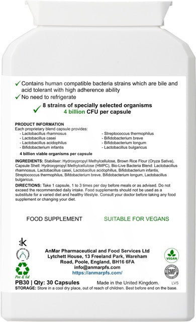 Back label of AnMar™ FloraFriendly Max showing 8 probiotic strains including Lactobacillus and Bifidobacterium species. Features directions, ingredient list, and vegan certification. 30 capsules.