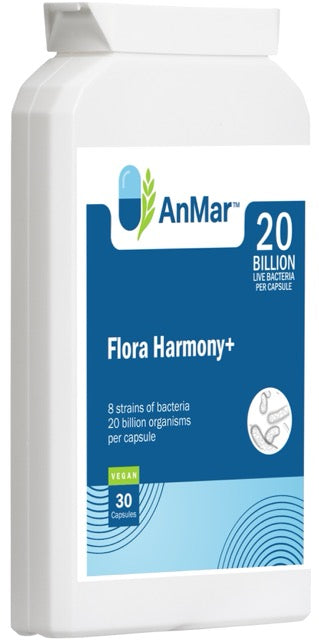 Angled front view of AnMar™ Flora Harmony+ bottle showing vegan probiotic formula with 8 live bacteria strains and 20 billion CFU per capsule.