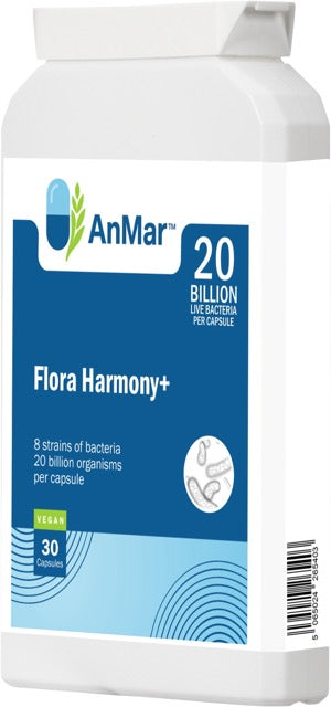 Right-angled front view of AnMar™ Flora Harmony+ bottle showing 8-strain vegan probiotic supplement with 20 billion live bacteria per capsule.