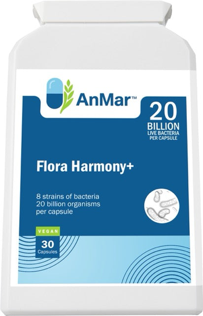 Front up view of AnMar™ Flora Harmony+ bottle featuring 8 probiotic strains and 20 billion live bacteria per capsule. Vegan-friendly with 30 capsules per pack.
