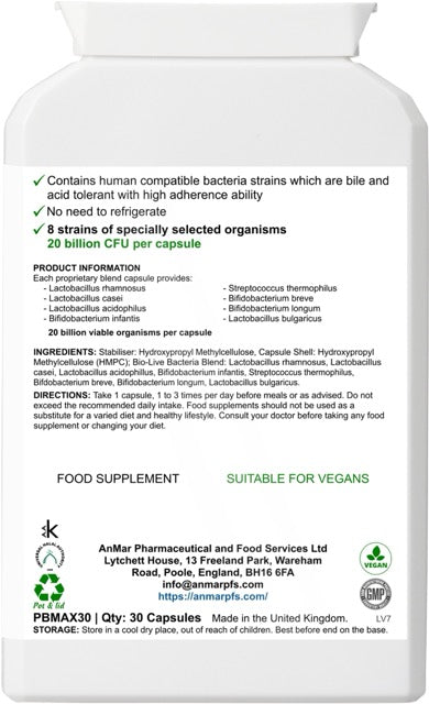 Back label of AnMar™ Flora Harmony+ showing ingredients, 8 probiotic strains including Lactobacillus and Bifidobacterium, and 20 billion CFU per capsule. Suitable for vegans.
