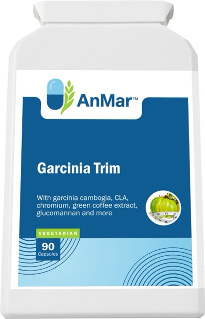 Angled front view of AnMar™ Garcinia Trim bottle featuring weight management blend with garcinia cambogia, CLA, and green coffee extract.