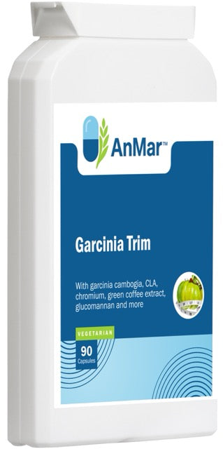 Angled front-left view of AnMar™ Garcinia Trim supplement bottle showing product label and capsule count.