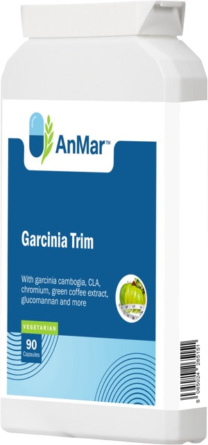 Angled front-right view of AnMar™ Garcinia Trim bottle showing supplement facts and product label with 90 capsules.