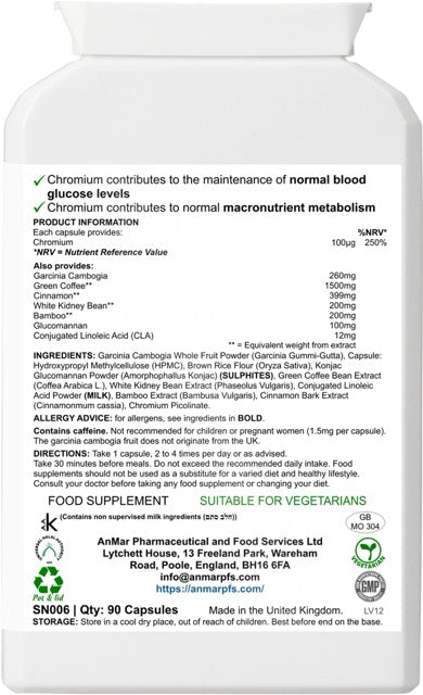Back label of AnMar™ Garcinia Trim showing ingredients, nutritional information, usage directions, and storage instructions for 90 vegetarian capsules.
