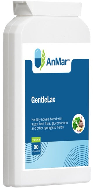 Angled front view of AnMar™ GentleLax bottle featuring vegan bowel support supplement with sugar beet fibre and herbs.