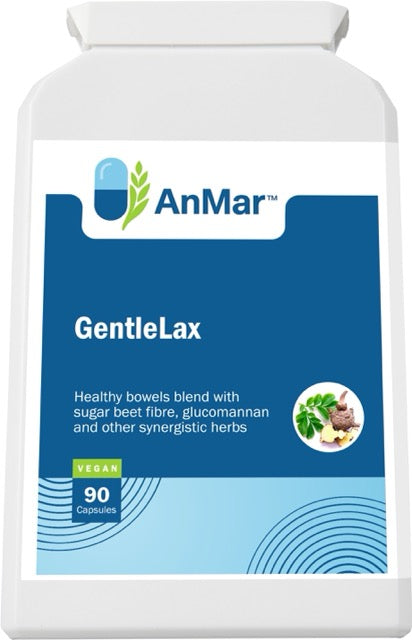 Front view of AnMar™ GentleLax bottle containing 90 vegan capsules, featuring a digestive support formula with sugar beet fibre, glucomannan, and herbs.