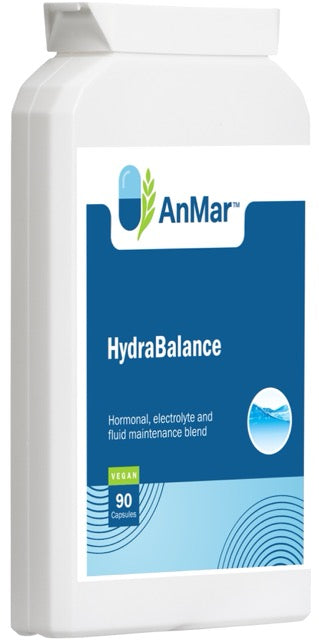 Angled side view of AnMar™ HydraBalance supplement bottle showing the front label with branding, vegan certification, and product details for hormonal, electrolyte, and fluid maintenance.