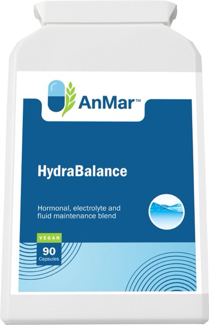 Front_up label of AnMar™ HydraBalance supplement bottle, highlighting its vegan formula with 90 capsules for hormonal, electrolyte, and fluid maintenance support.