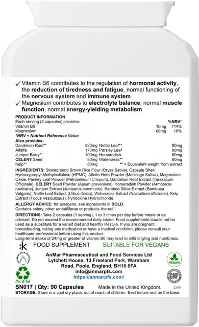 Back label of AnMar™ HydraBalance supplement showing nutritional information, ingredients, usage directions, and allergy advice. Contains herbal extracts, vitamin B6, and magnesium.